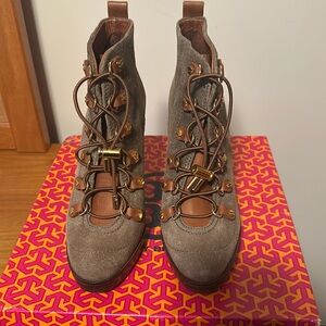 Tory Burch Halima-Tory’s Suede olive/burnt sienna booties 4.5” heel 1” platform